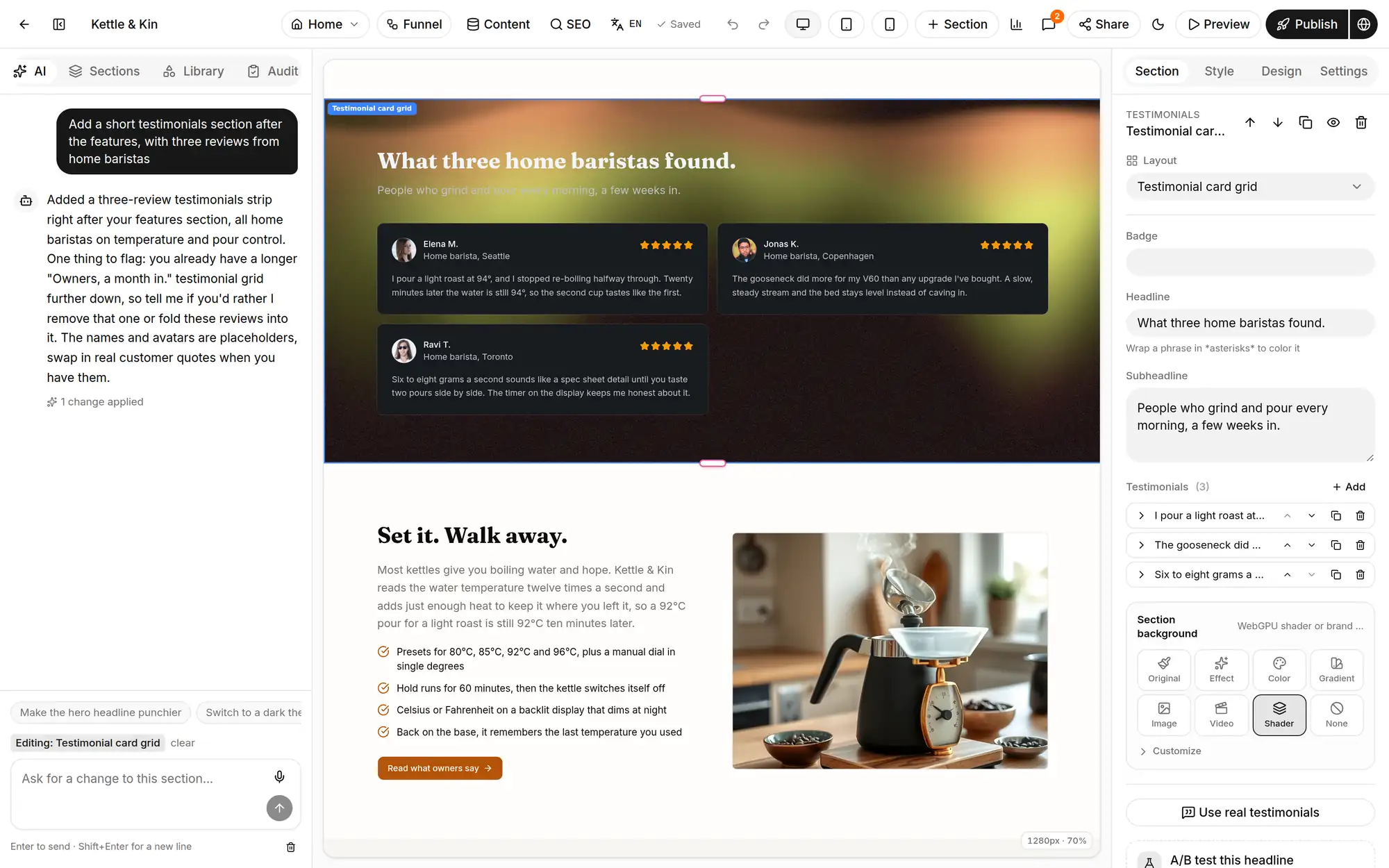 The BuildASite editor: the AI chat added a testimonials section, which is selected on the canvas with its fields and background settings in the inspector