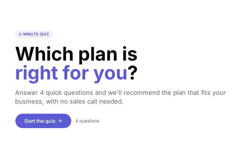 A full-screen quiz section: Which plan is right for you?